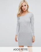 Asos Petite Asymmetric Shoulder Rib Bodycon Dress With Long Sleeve - Gray