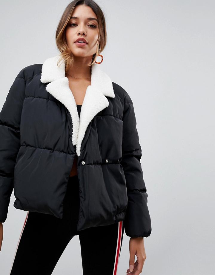 Prettylittlething Faux Fur Collar Padded Jacket In Black - Black