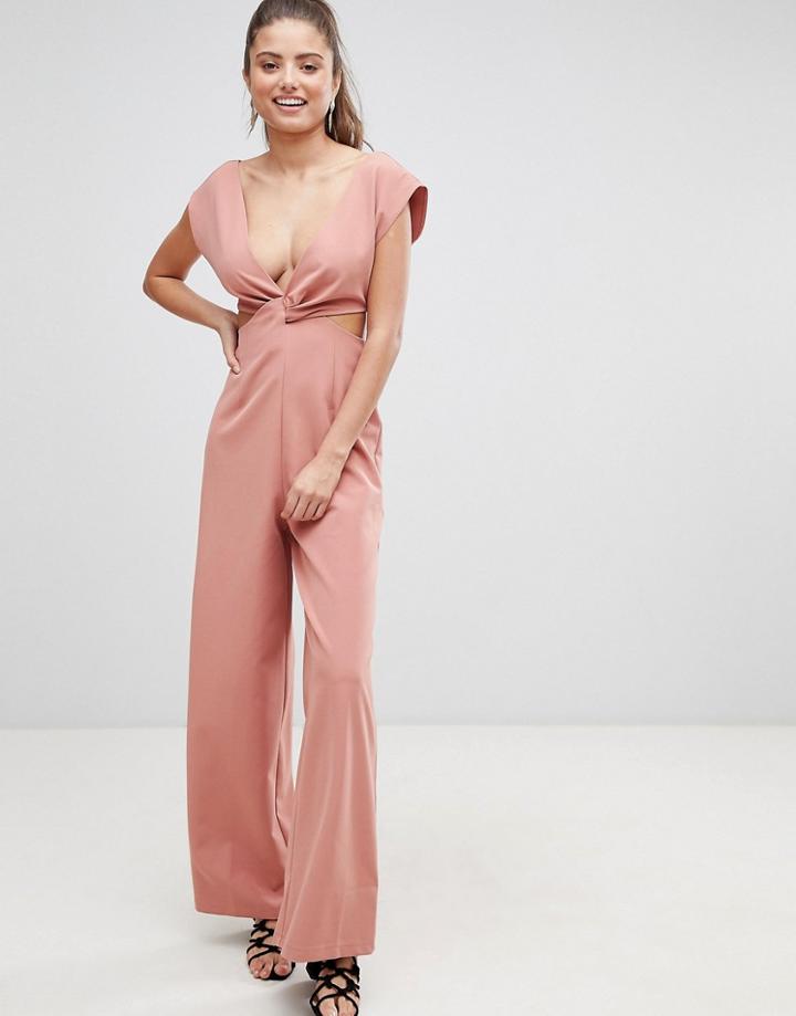 Asos Design Knot Front Jumpsuit With Cut Out Detail And Wide Leg-green