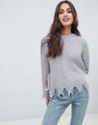 Brave Soul Stabilo Chenille Sweater With Distressed Hem - Gray