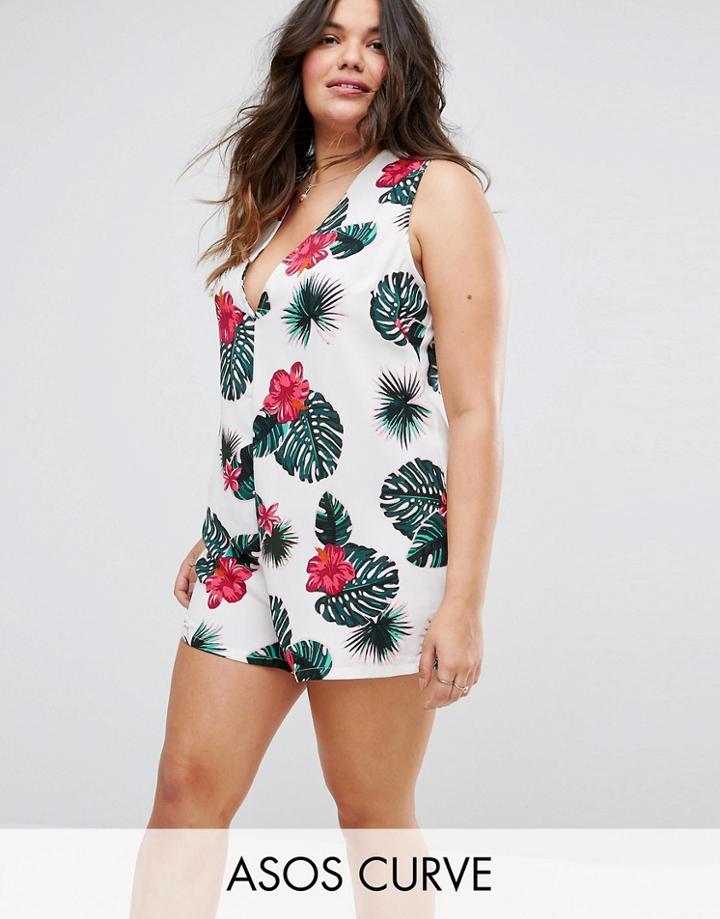 Asos Curve Beach Minimal Romper Romper In Pink Palm Print - Multi
