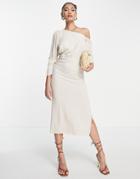 Asos Design Linen Fallen Shoulder Midi Dress In Stone-neutral