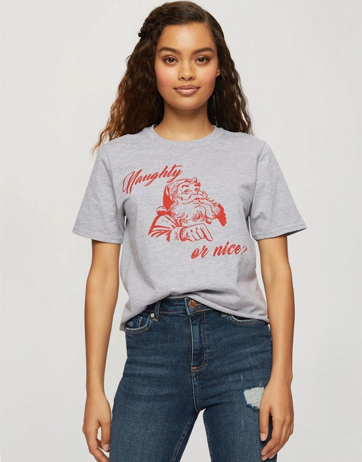 Miss Selfridge Naughty Or Nice T-shirt In Gray-grey