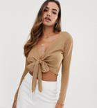 Parallel Lines Knitted Tie Front Long Sleeved Top - Tan