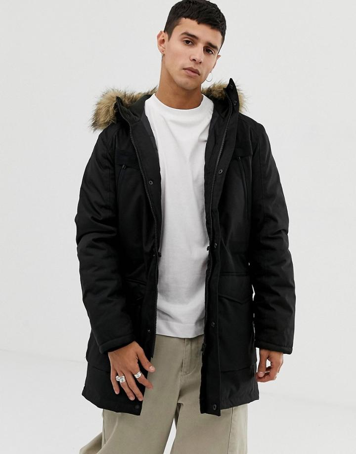 Jack & Jones Core Parka With Faux Fur Hood And Hand Warmer Pockets - Black