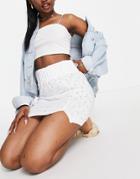 Asos Design Broderie Mini Skirt With Deep Shirred Waistband And Double Notch Hem In White