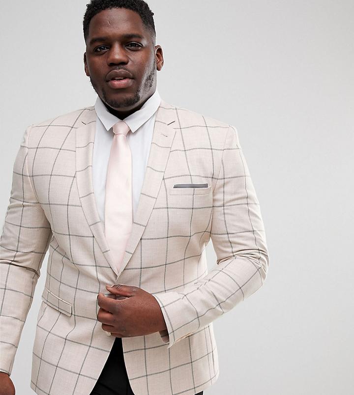 Asos Plus Super Skinny Blazer In Putty Windowpane Check - Stone