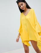 Asos Design Frill V Plunge Beach Cover Up - Yellow