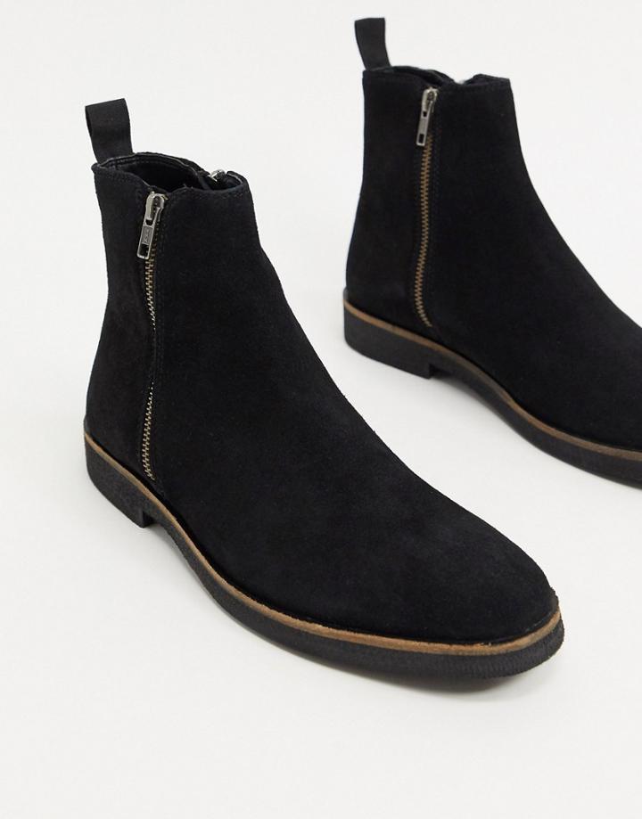 Walk London Hornchurch Zip Boots In Black Suede