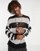 Asos Design Knitted Mesh Stripe Sweater In Black And White