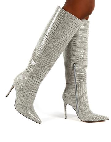 Public Desire Aimi Knee Boots In Gray Croc-grey