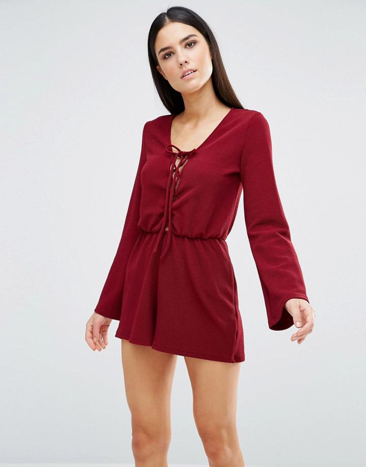 Ax Paris Romper With Lace Up Detail - Wine