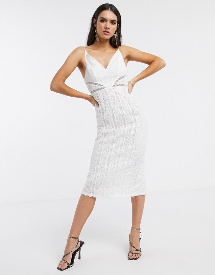 Asos Design Lace Midi Dress With Ladder Trim Detail In White