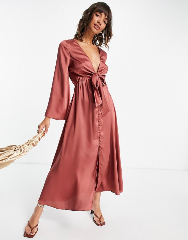Asos Design Tie Front Satin Midi Dress In Rust-red