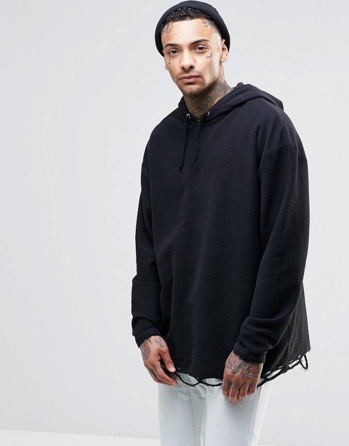 Asos Oversized Longline Hoodie In Reverse Loopback With Distressed Hem - Black
