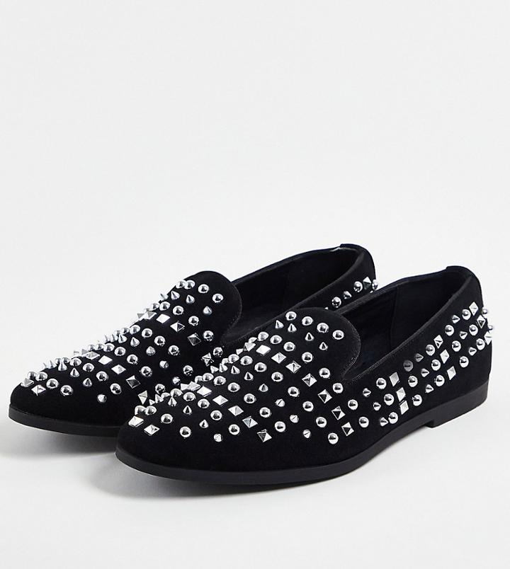 Truffle Collection Wide Fit Studded Slipper Loafers In Black Faux Leather