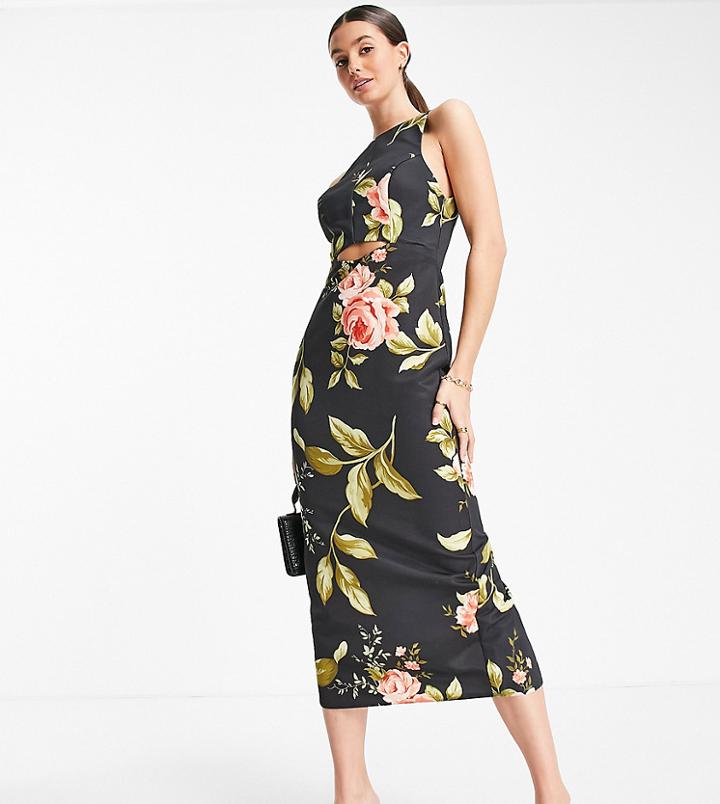 Asos Design Tall Structured Racer Midi Dress With Cut Out Detail In Rose Floral-multi