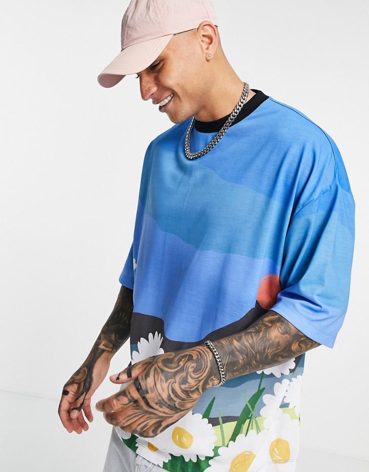 Asos Design Oversized T-shirt In Blue With All Over Print-blues