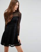 Asos Mesh Top Lace Skater Mini Dress - Black