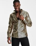 Twisted Tailor Sylvan Shirt In Black With Gold Geometric Foil Print
