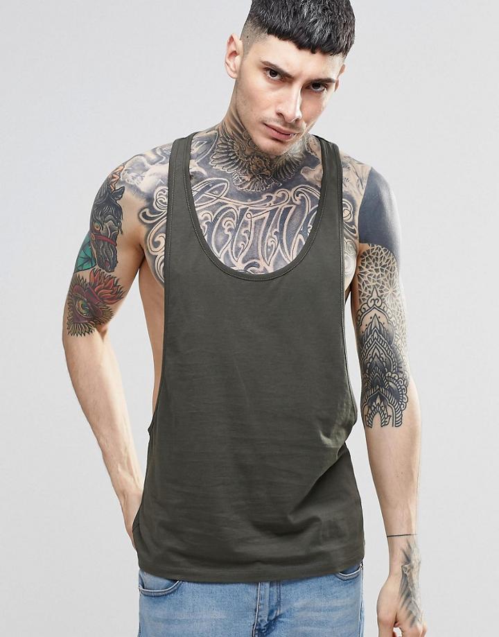 Asos Vest With Extreme Dropped Armhole And Racer Back In Khaki - Khaki