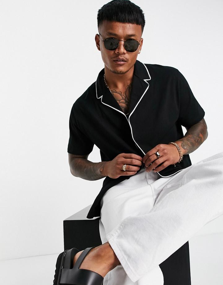 Asos Design Relaxed Polo With Revere Collar And Piping Detail In Black