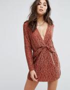 Prettylittlething Lace Twist Front Mini Dress - Brown