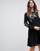 Oasis Embroidered Dress With Fluted Sleeve - Black