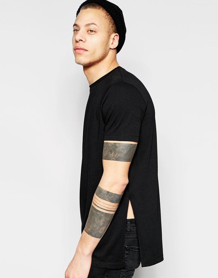 Asos Longline T-shirt With Long Side Splits In Black - Black