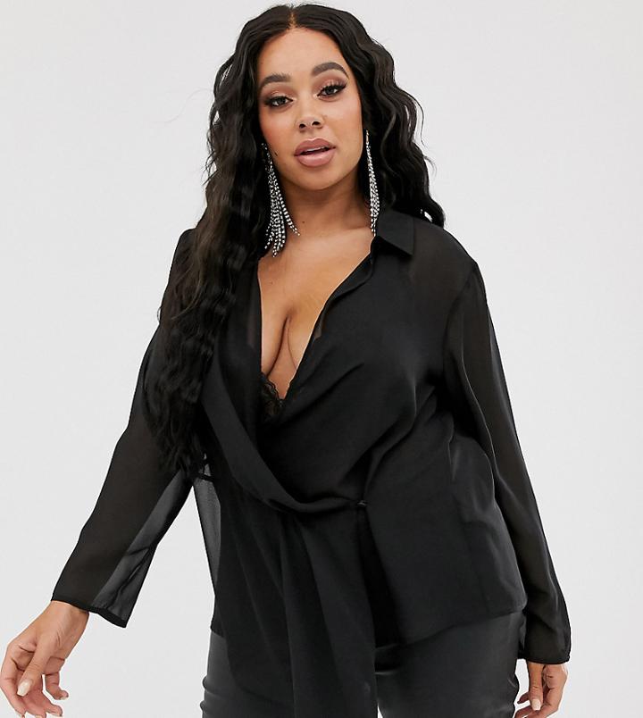 Asos Design Curve Drape Wrap Top In Sheer - Black
