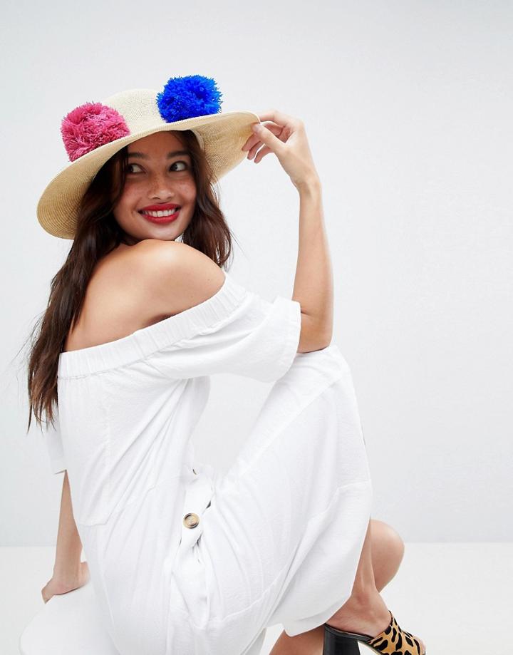 Asos Straw Hat With Pom Pom Trim And Size Adjuster - Beige