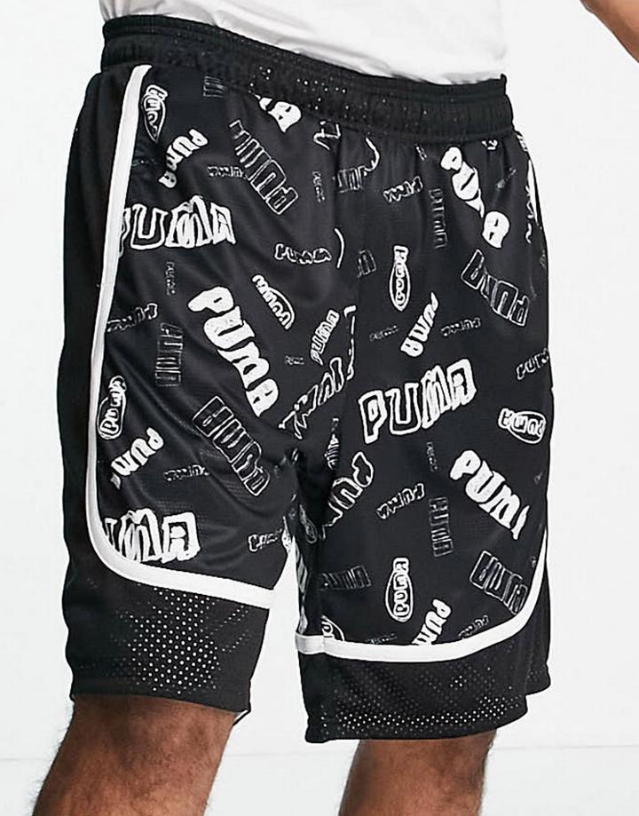 Puma Hoops Mesh Summer Shorts In Black And White-blues