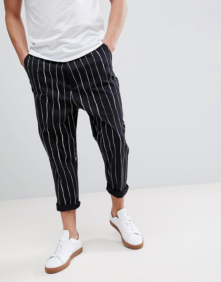 Asos Design Oversized Tapered Pants In All Over Stripe Detail - Black