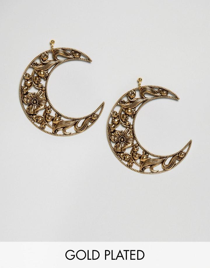 Regal Rose Eclipse Huge Floral Crescent Earrings - Gold