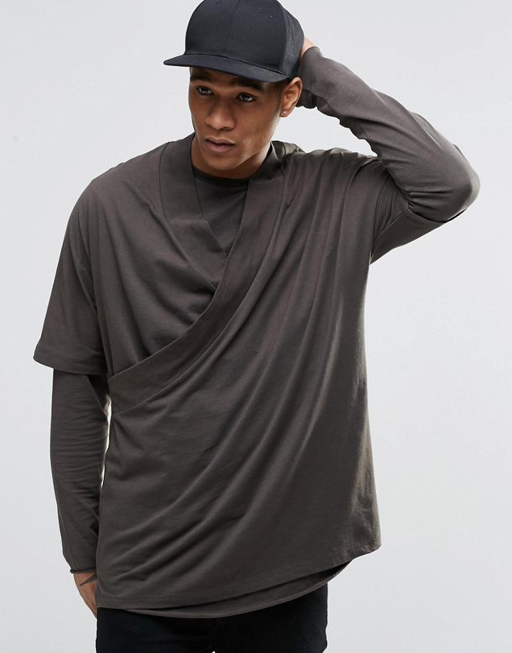 Asos Oversized Long Sleeve T-shirt With Double Layer Kimono - Khaki