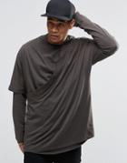 Asos Oversized Long Sleeve T-shirt With Double Layer Kimono - Khaki