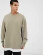 Asos Design Oversized Sweatshirt With T-shirt Hem In Khaki - Green