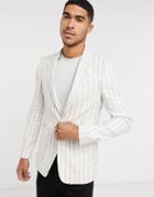 Asos Design Super Skinny Blazer In Stone And White Linen Stripe-neutral