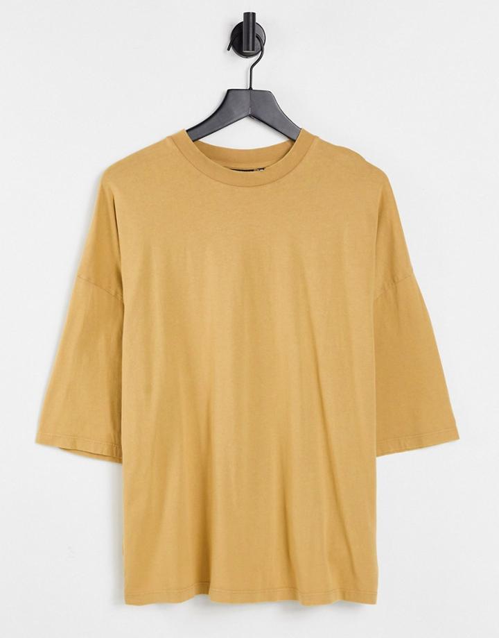 Asos Design Oversized T-shirt In Mustard Cotton Blend Acid Wash - Tan-brown