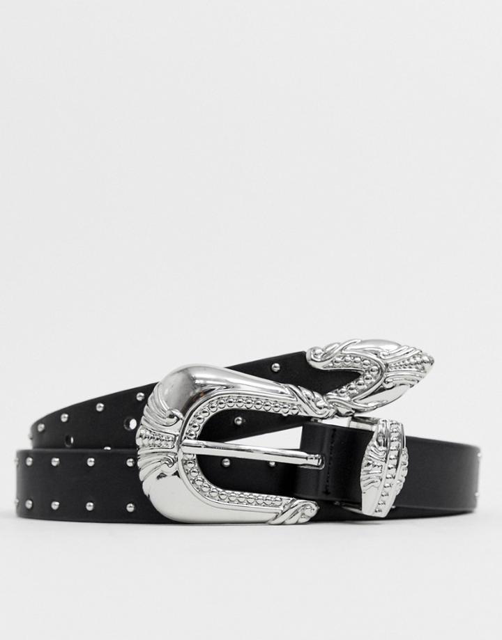 Pieces Sage Black Studded Western Belt - Black