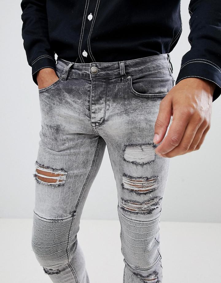 Sixth June Extreme Ripped Biker Jeans In Super Skinny Fit - Gray