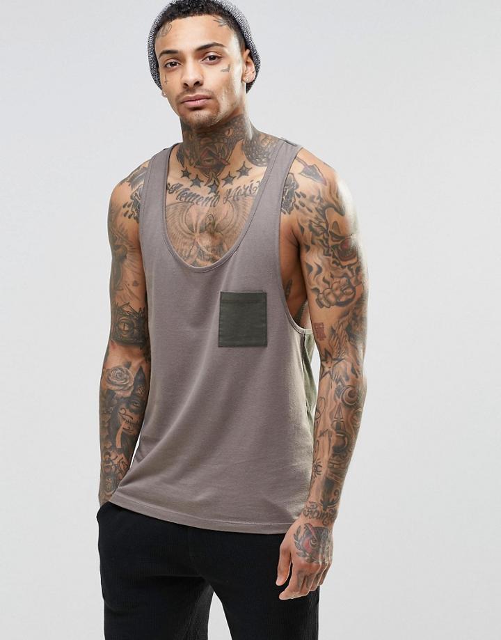 Asos Tank With Contrast Back And Pocket In Extreme Racer Back - Brown