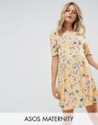 Asos Maternity Cut Out Shoulder 40's Printed Tea Dress In Yellow Floral Print - Yellow