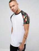 Asos Longline T-shirt With Floral Raglan Sleeves - White