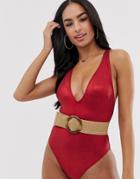 Asos Design Metallic Rib Plunge Swimsuit With Belt - Red