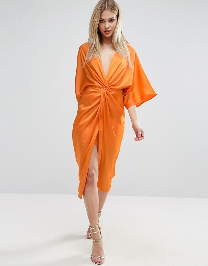 Asos Kimono Twist Front Midi Dress - Orange