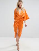 Asos Kimono Twist Front Midi Dress - Orange