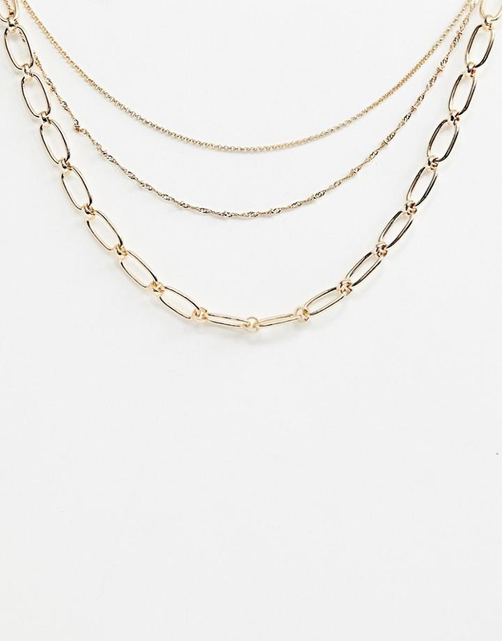 Asos Design Multirow Necklace With Open Link And Dot Dash Chain In Gold - Gold