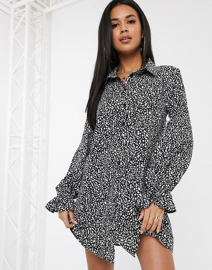Missguided Frill Cuff Shirt Dress In Polka Dot-black