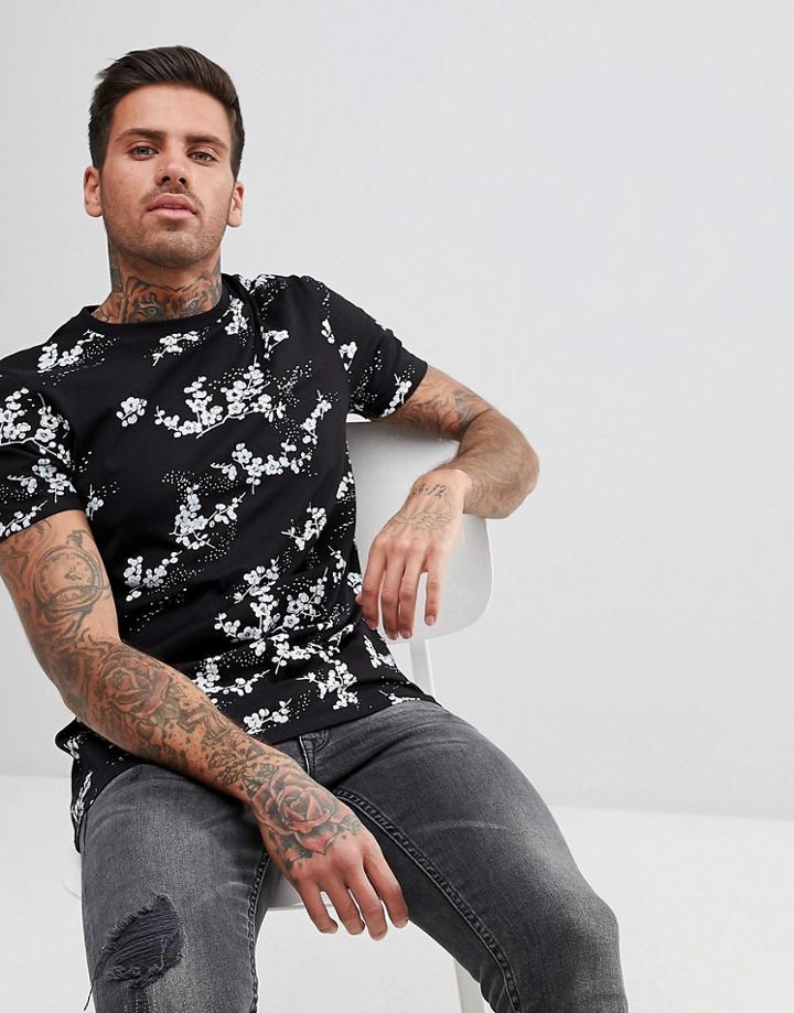 Asos Design T-shirt With Floral Print - Black